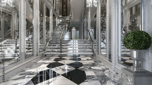 Classic luxury entrance hall with a silver veined marble staircase mirrored walls and a black and white checkerboard marble floor photo