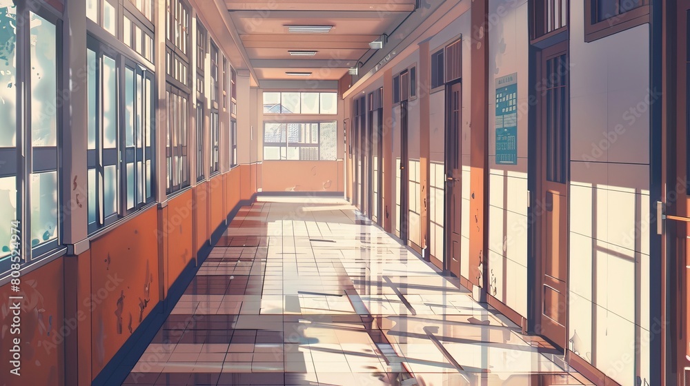 Sunlit High School Corridor Balcony - Vibrant Anime Background Illustration in 2D