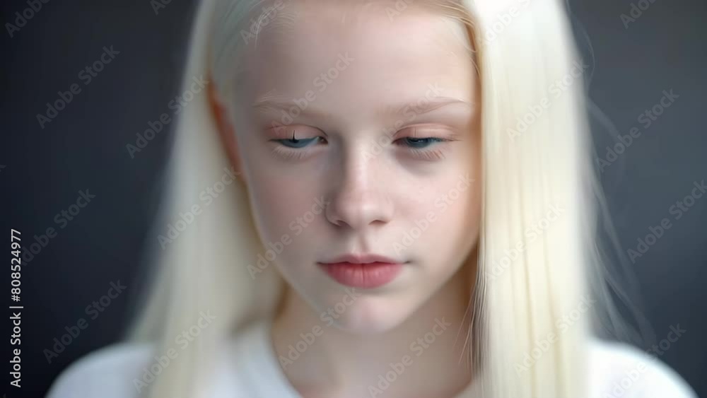 Closeup portrait of an albino girl against dark background looking into the camera and then turning her gaze to the side and rolling her eyes terribly Closeup portrait of an albino girl against dark background looking into the camera and then turning her gaze to the side and rolling her eyes terribly