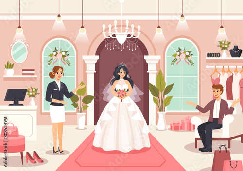 Wedding Shop Vector Illustration with Lover Looking for Jewellery, Beautiful Bride Gowns and Accessories to Get Married in Flat Cartoon Background
