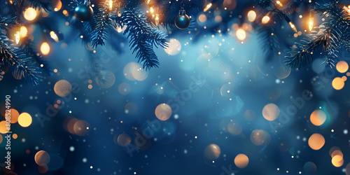 Abstract Blurred Blue Light Bokeh At Christmas Tree In The Night Background dark blue bokeh lights background