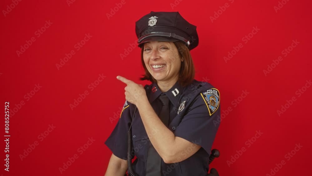 Joyful hispanic female police officer, beautifully confident, pointing with her hand and finger to the side over an isolated red background, with a radiant smile lighting up her face Joyful hispanic female police officer, beautifully confident, pointing with her hand and finger to the side over an isolated red background, with a radiant smile lighting up her face