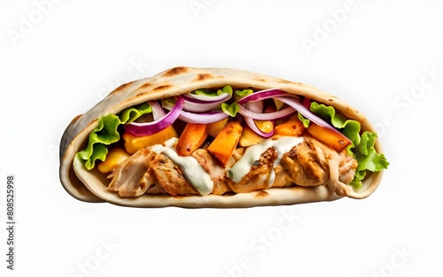 A Shawarma pita roll with chicken isolated on transparent or white background, png isolated on white background,. Created using Generative AI, photo, fashion