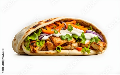 A Shawarma pita roll with chicken isolated on transparent or white background, png isolated on white background,. Created using Generative AI, photo, fashion
