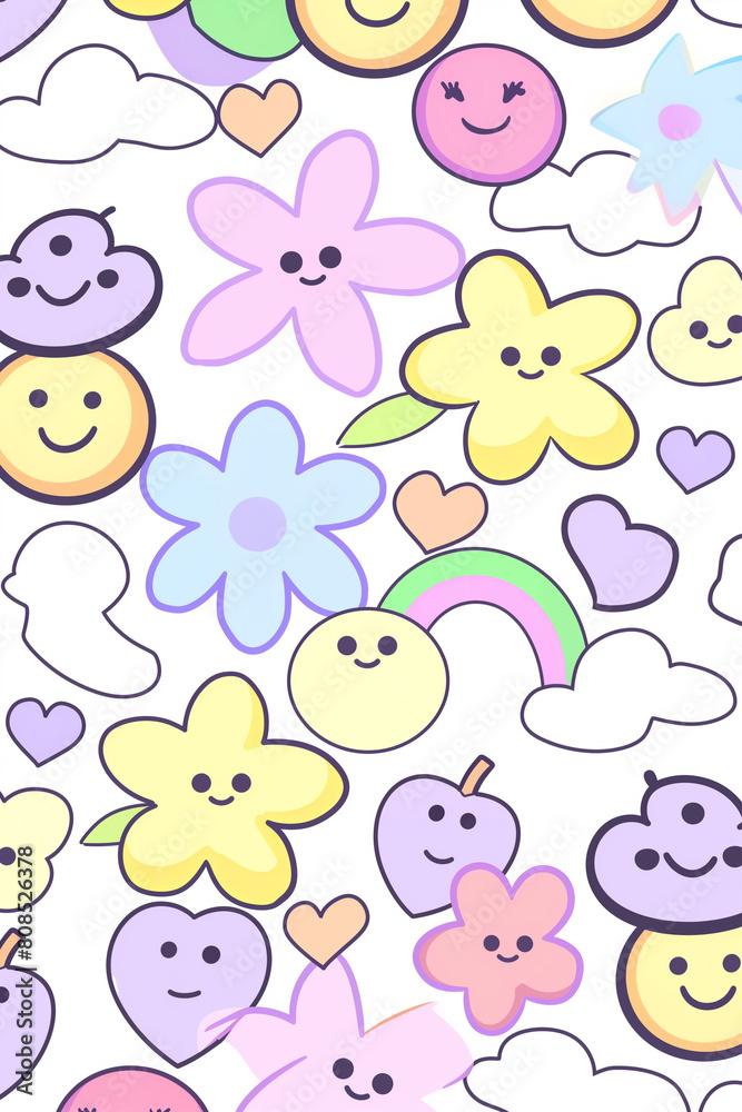 Cute Kawaii Patterns, Happy Cartoon Flowers and Smiling Clouds Design