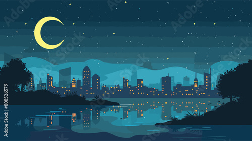 Night city skyline reflected water under starry sky crescent moon. Urban landscape during night illuminated buildings tranquil nature scene. Dark silhouettes trees frame cityscape nocturnal hues