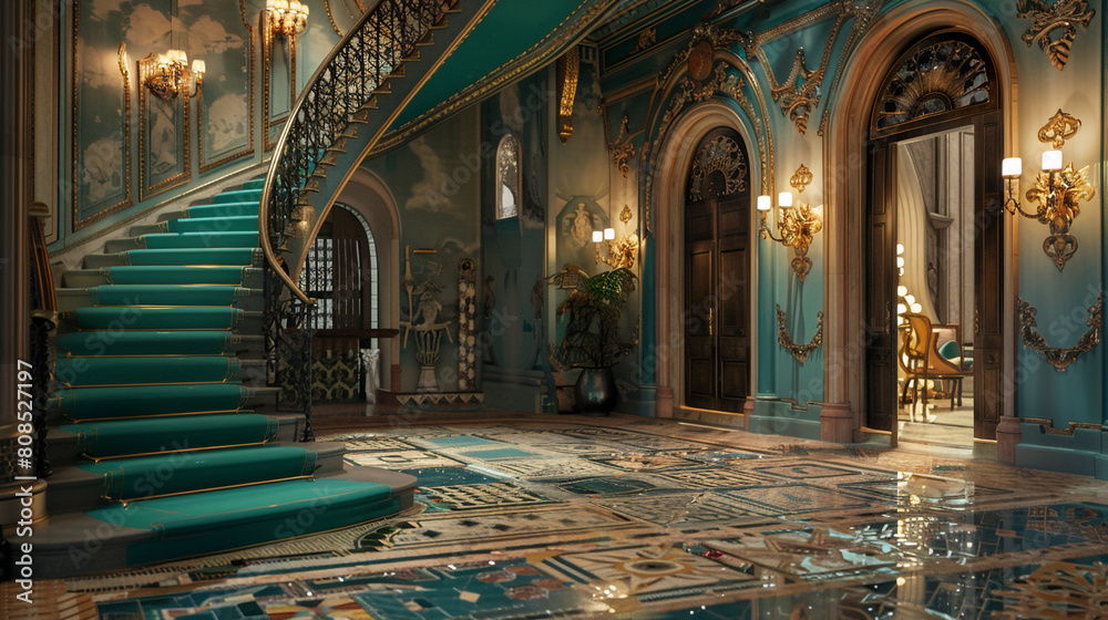 Grand entrance hall with a teal staircase intricate mosaic floor tiles and vintage-inspired wall sconces