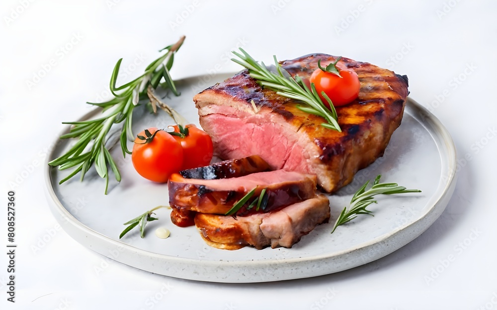 Grilled sliced Beef Steak with sauce, tomatoes and rosemary on a white plate Isolated on white background top view isolated on white background, photo, stock photos, best selling Grilled sliced Beef Steak with sauce, tomatoes and rosemary on a white plate Isolated on white background top view isolated on white background, photo, stock photos, best selling