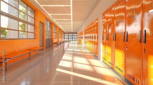 Vibrant School Corridor with Orange Lockers and Relaxation Area - 3D Illustration of Educational Environment