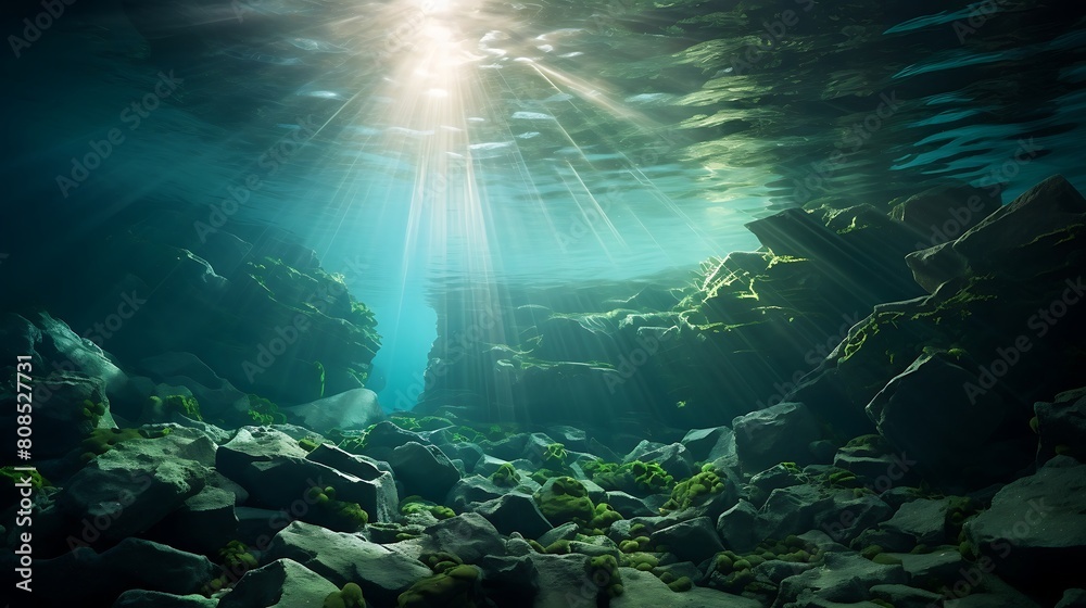 Underwater view of the sea with stones and sunbeams Underwater view of the sea with stones and sunbeams
