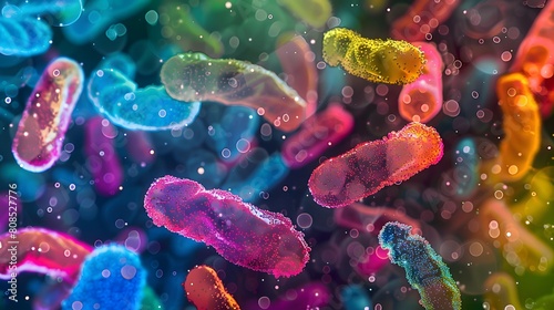 A vibrant, colorful array of bacteria floating in an organic pattern against the dark background. 