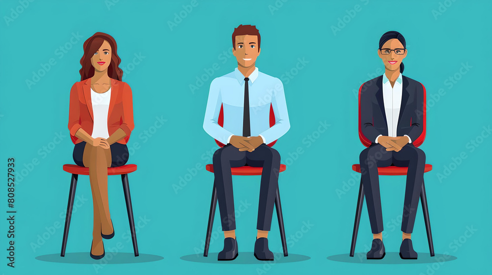 Three diverse professionals seated on chairs, portraying a business or interview setting with a relaxed atmosphere.
Three diverse professionals seated on chairs, portraying a business or interview setting with a relaxed atmosphere.