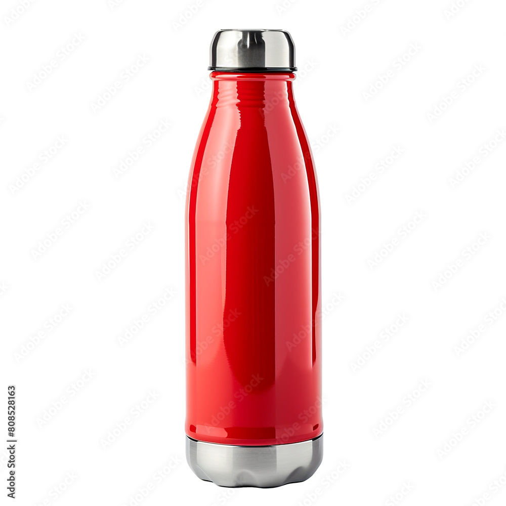 Red reusable stainless thermo water bottle isolated on transparent background