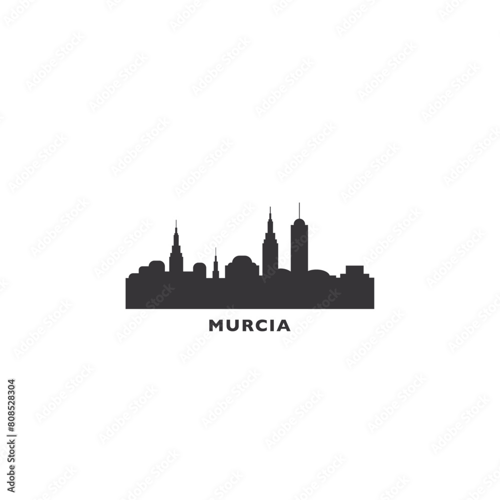 Murcia cityscape skyline city panorama vector flat logo icon. Spain town emblem idea with landmarks and building silhouettes. Isolated solid shape black graphic
