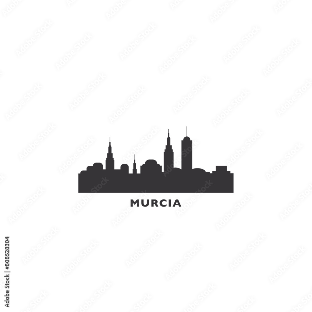 Fototapeta premium Murcia cityscape skyline city panorama vector flat logo icon. Spain town emblem idea with landmarks and building silhouettes. Isolated solid shape black graphic