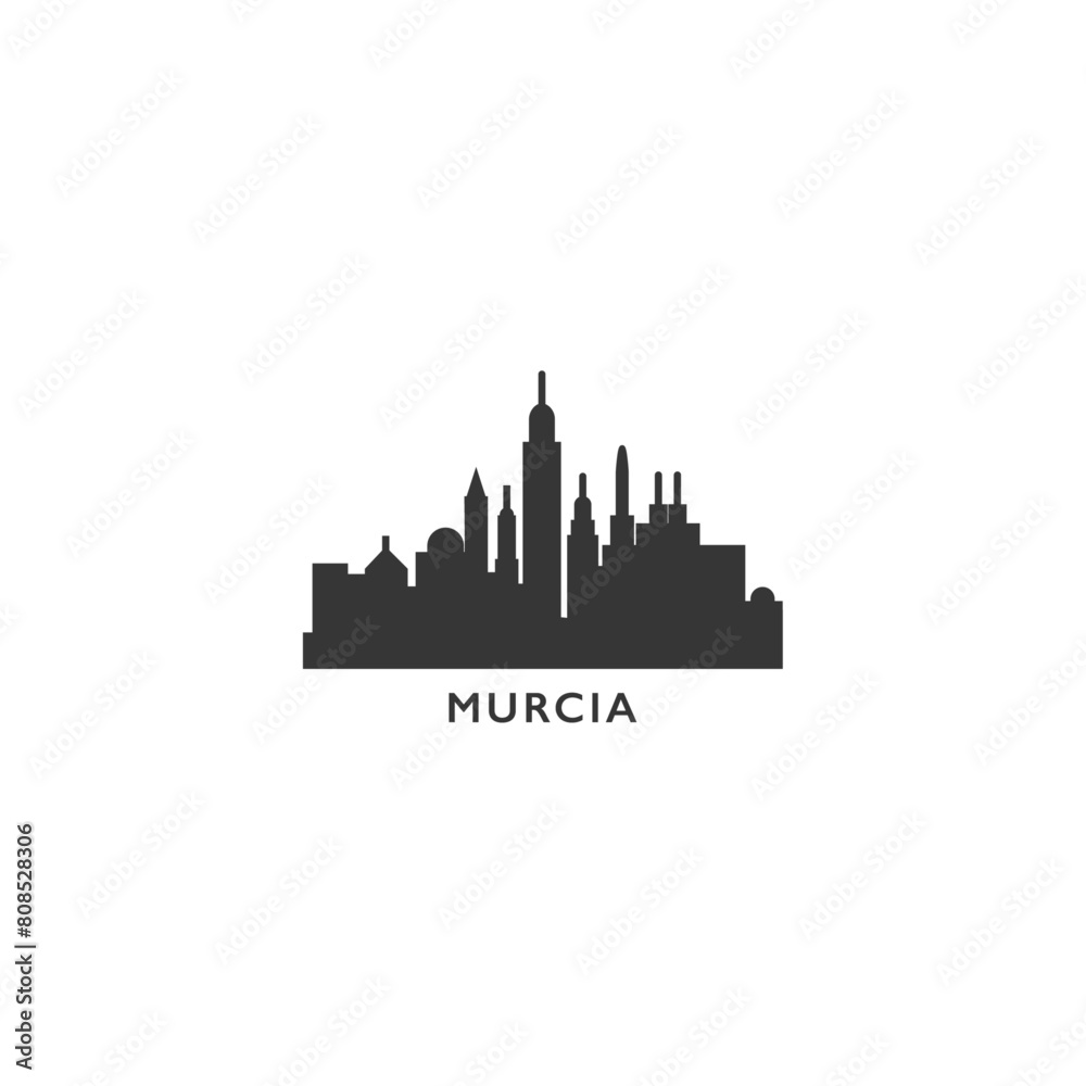 Murcia cityscape skyline city panorama vector flat logo icon. Spain town emblem idea with landmarks and building silhouettes. Isolated solid shape black graphic Murcia cityscape skyline city panorama vector flat logo icon. Spain town emblem idea with landmarks and building silhouettes. Isolated solid shape black graphic