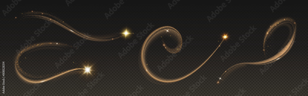Magic gold star trail with glitter light dust. Golden shine glow wave ...