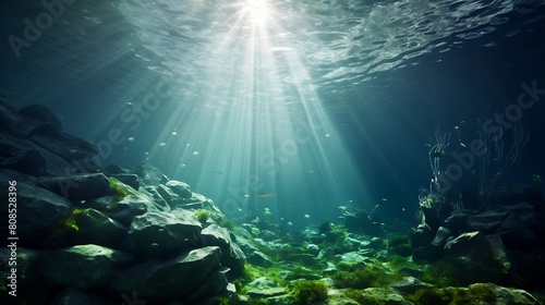 Underwater scene with sun rays and green rocks under water surface photo