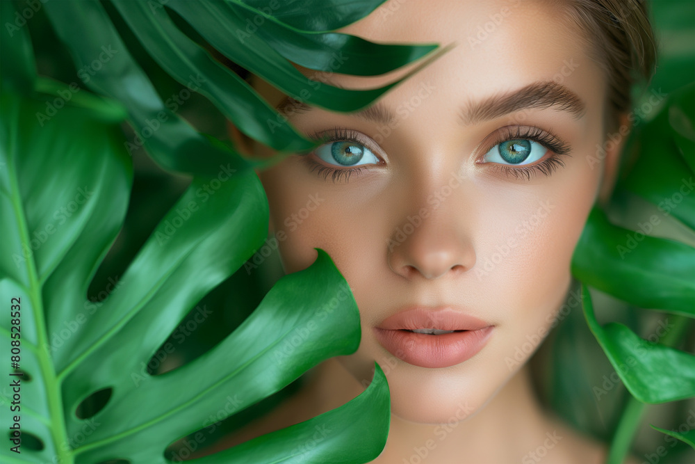 Beautiful young woman with clean fresh skin on a color background and nature elements Beautiful young woman with clean fresh skin on a color background and nature elements