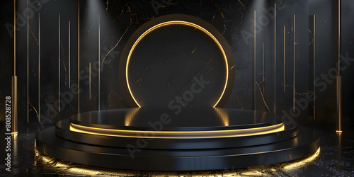 A black stage with a round podium and columns in the middle Golden Light Room Decor Decoration Lighting And Illumination With Round Staircase with spotlight dark  Backgrounds for product mockup design photo