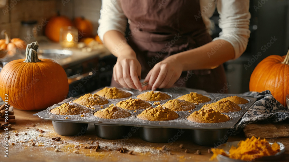 Cozy woman baking pumpkin muffins flour dusting warm spices inviting kitchen ambiance