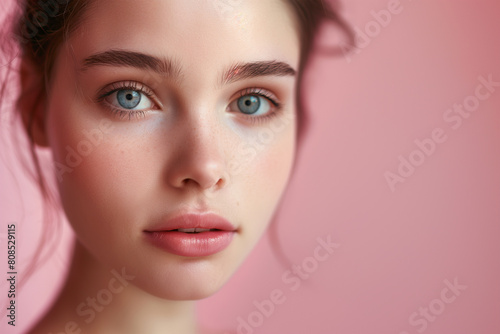 Beautiful young woman with clean fresh skin on a color background and nature elements