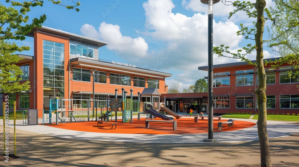 Charming Public School Building with Playground - Exterior View of Educational Institution for Children Charming Public School Building with Playground - Exterior View of Educational Institution for Children