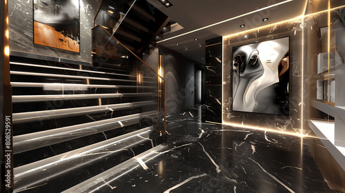 Modern entryway with a jet black marble staircase LED strip lights and monochrome abstract paintings