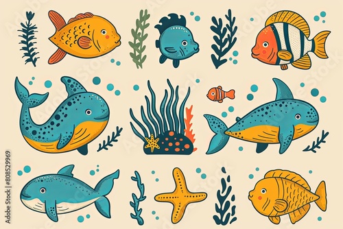Bubbly Ocean Animals: Flat Design Icons with Patterns and Bright Colors