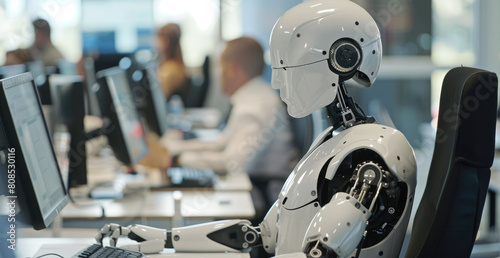 A humanoid robot sat at an office desk, helping human employees with their work using computer screens and keyboard.