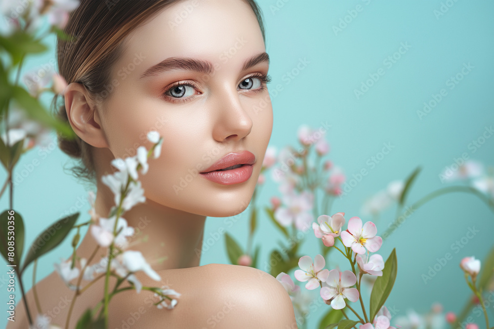 Beautiful young woman with clean fresh skin on a color background and nature elements