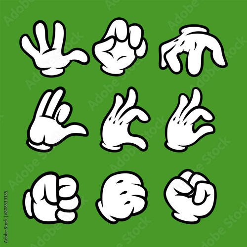 Set of cartoon hands in gloves. Retro style mascot hands. Rubber hose style hands. Vector illustration © liubov
