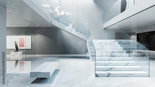 Modern minimalist entrance hall with a crystal white marble staircase sleek glass balustrades and a striking art installation photo