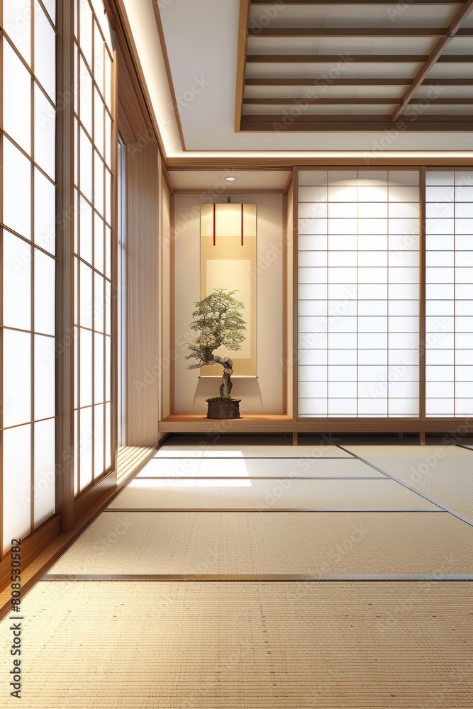An empty Japanese tatami room with sliding shoji doors, traditional tatami mats, and a tokonoma alcove for displaying artwork or bonsai, Generative AI An empty Japanese tatami room with sliding shoji doors, traditional tatami mats, and a tokonoma alcove for displaying artwork or bonsai, Generative AI