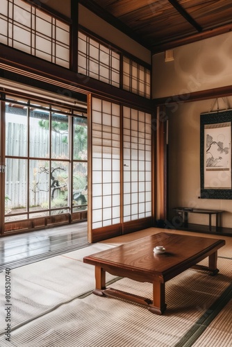 An empty tea room in a Japanese house, featuring a low wooden table, tatami mat flooring, and a hanging scroll depicting a serene, Generative AI