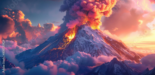 A dramatic photo of an erupting volcano with smoke and ash in the sky, set against the backdrop of snowcapped mountains under a fiery sunset