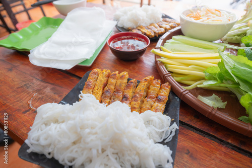 Close up photo of fresh ingredients for Nem Nuong, Baked rolls, signature dish of Nha Trang, Vietnam