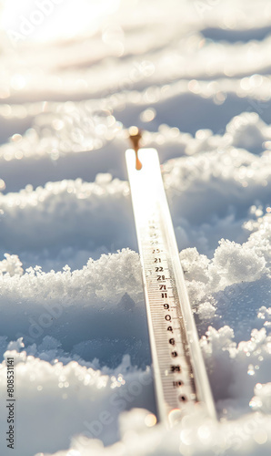 Thermometer on snow shows low temperatures in celsius or farenheit photo