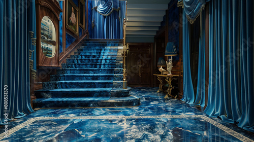 Regal entrance hall with a cerulean blue marble staircase vintage decor and matching blue velvet curtains