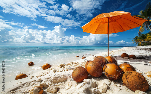 A tropical beach scene with sunbathing accessories scattered on the sand, creating a vibrant summer holiday background