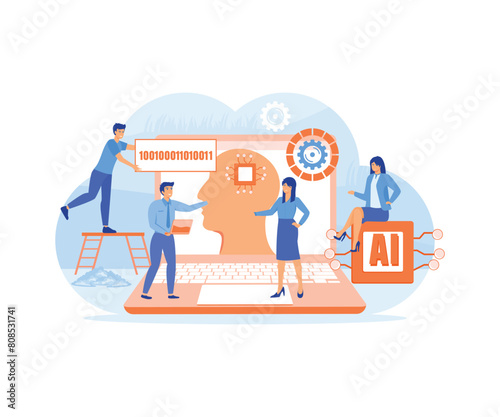 Brain with neural network on laptop and scientists, tiny people. Artificial intelligence,machine learning, data science and cognitive computing concept. flat vector modern illustration