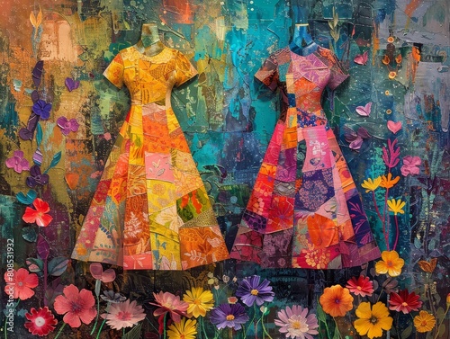 Two mannequins wearing floral dresses stand in a field of flowers.