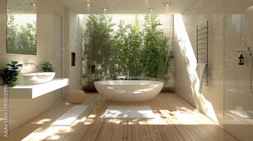 Ultra-detailed 3D rendering of a modern bathroom with eco-friendly features  such as bamboo flooring and low-flow fixtures  under bright  efficient LED lighting.