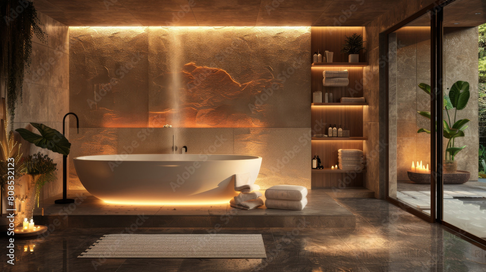 Ultra-detailed 3D rendering of a modern bathroom with a bespoke tiled feature wall, recessed shelving, and hidden lighting for a subtle glow. Ultra-detailed 3D rendering of a modern bathroom with a bespoke tiled feature wall, recessed shelving, and hidden lighting for a subtle glow.