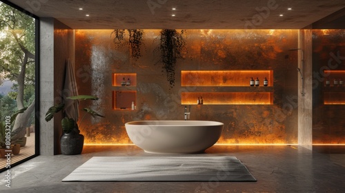 Ultra-detailed 3D rendering of a modern bathroom with a bespoke tiled feature wall, recessed shelving, and hidden lighting for a subtle glow.