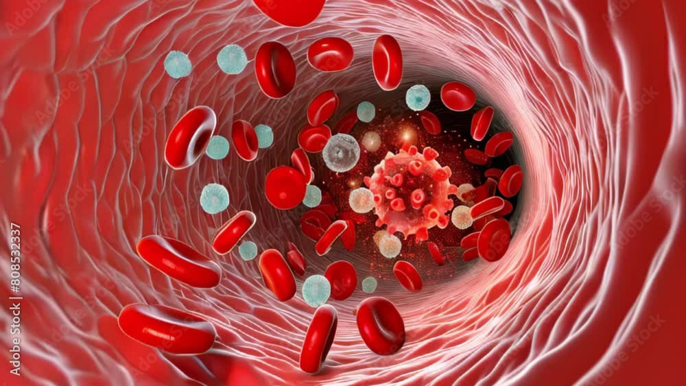 human vein with red and white blood cells and viruses, showing immune responses