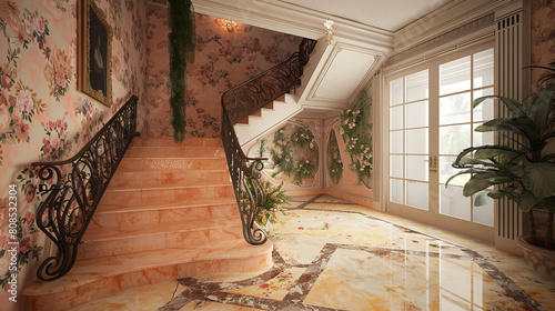 Vintage-inspired entrance hall with a peach marble staircase floral wallpaper and elegant wrought iron railings