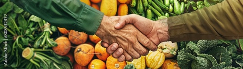 Partnership forged at a vibrant vegetable market, with a distributor and grocer shaking hands under the canopy of fresh greens and roots photo