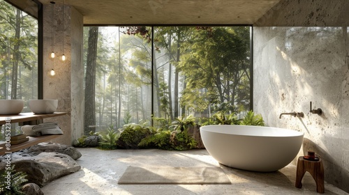 Ultra-detailed 3D rendering of a minimalist luxury bathroom with a seamless indoor-outdoor feel  large windows  and direct views into a peaceful forest setting.