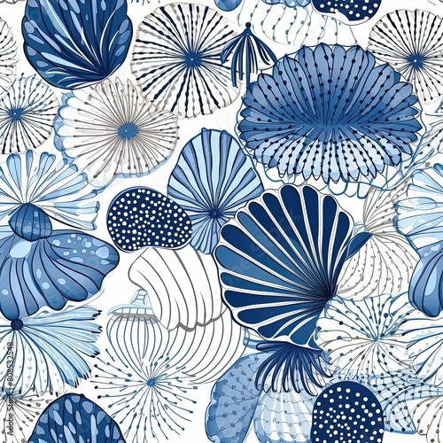 Summer Beach Seaside Print. Ocean Fashion Textile Blue, White Background. Seashore Elements Texture